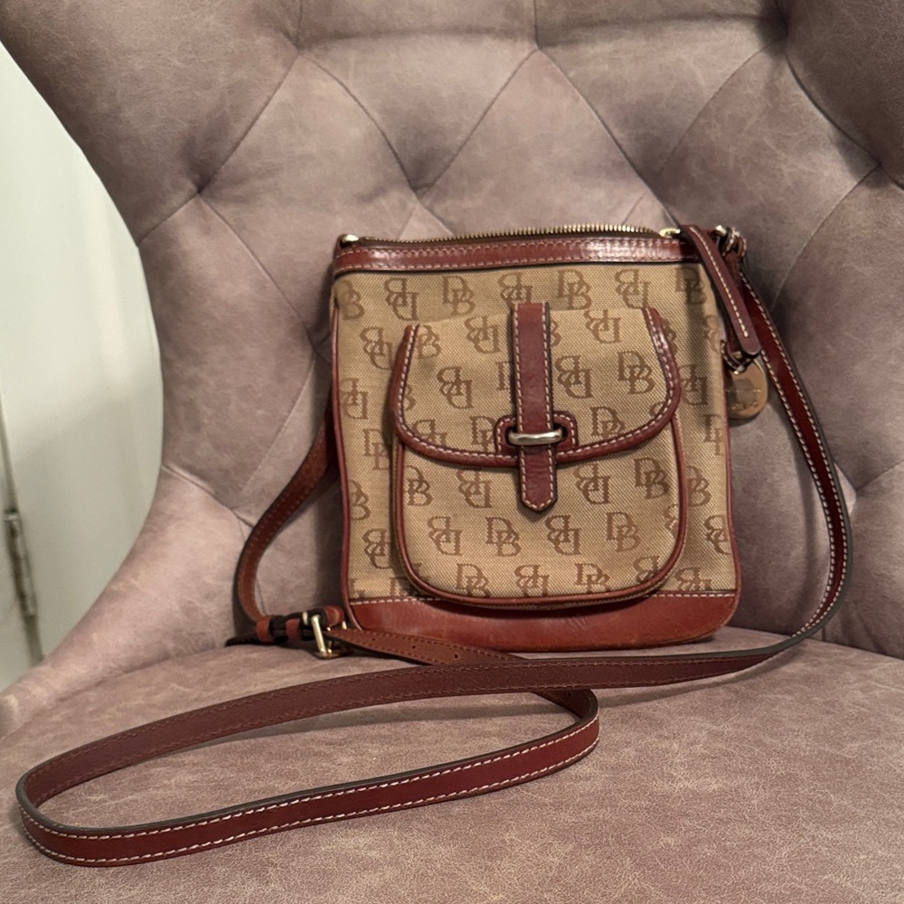 Dooney & Bourke Tan and Brown Monogram Crossbody Bag